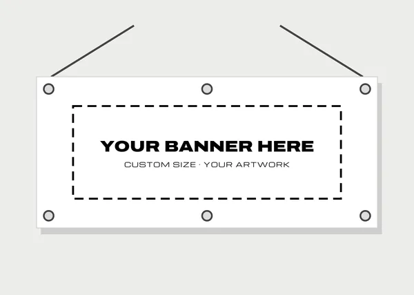 Custom banner mockup with a dashed “your banner here” artwork area and hanging cords