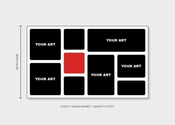 Illustration of an uncut 22-inch-wide DTF gang sheet packed with several “your art” designs