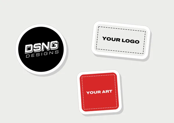 Three custom sticker mockups — round DSNG logo sticker, rectangle “your logo” sticker and red square “your art” sticker